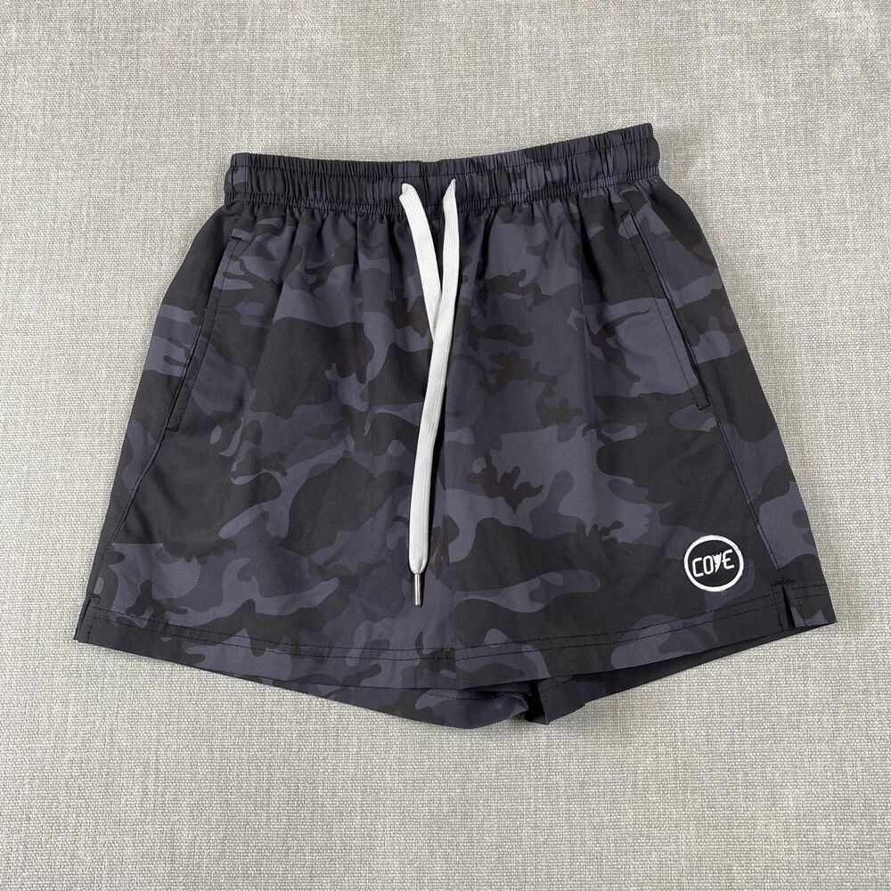 COVE Swim Trunks Mens 28 Gray Camo Elastic Waist Drawstring Stretch Pockets